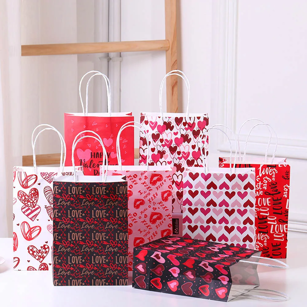 Valentine's Day Gift Bag Paper Bag with Handles Reusable Tote Candy Bags for Valentine Birthday Party Wedding Decors 5-50pcs