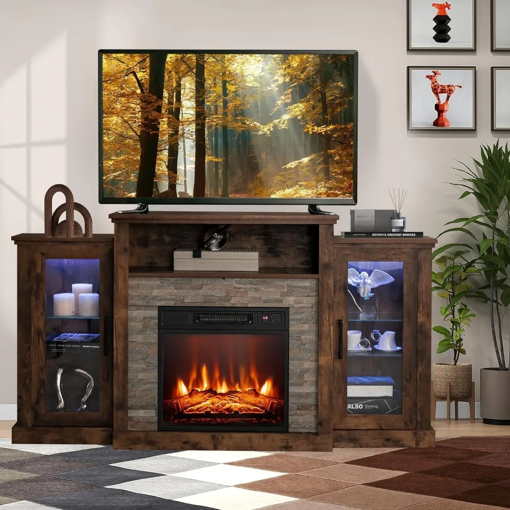 TV Stand with 16-Color LED Lights & 3-Level Flames Farmhouse TVs Stand with Adjustable Shelves Electric Fireplace TV Console