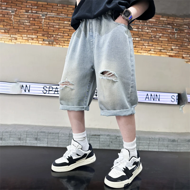 New Summer Kids Child Ripped Denim Shorts With Cartoon Print For Teens Boys Fashion Casual Broken Jeans Capris Pants with Holes