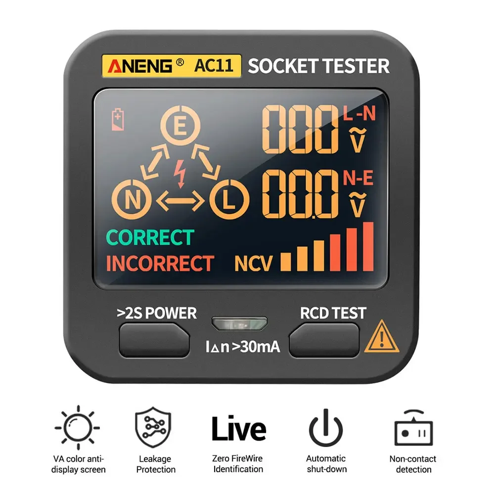 ANENG AC11 Digital Smart Socket Tester Multifunction Socket Voltage Test Socket Detector Ground Zero Line Phase Check NCV Test