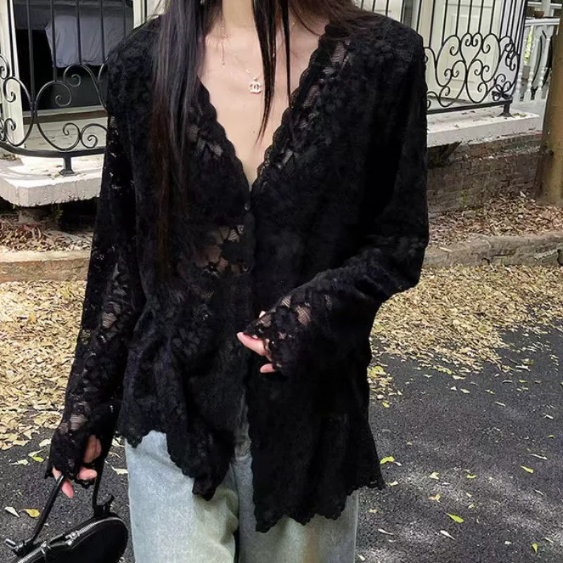 Blusas de Encaje de Manga Larga para Mujer, Ropa 2025, Blusas Mujer de Moda, Tops Sexys con Aberturas, Camisas Blancas Transparentes de Verano