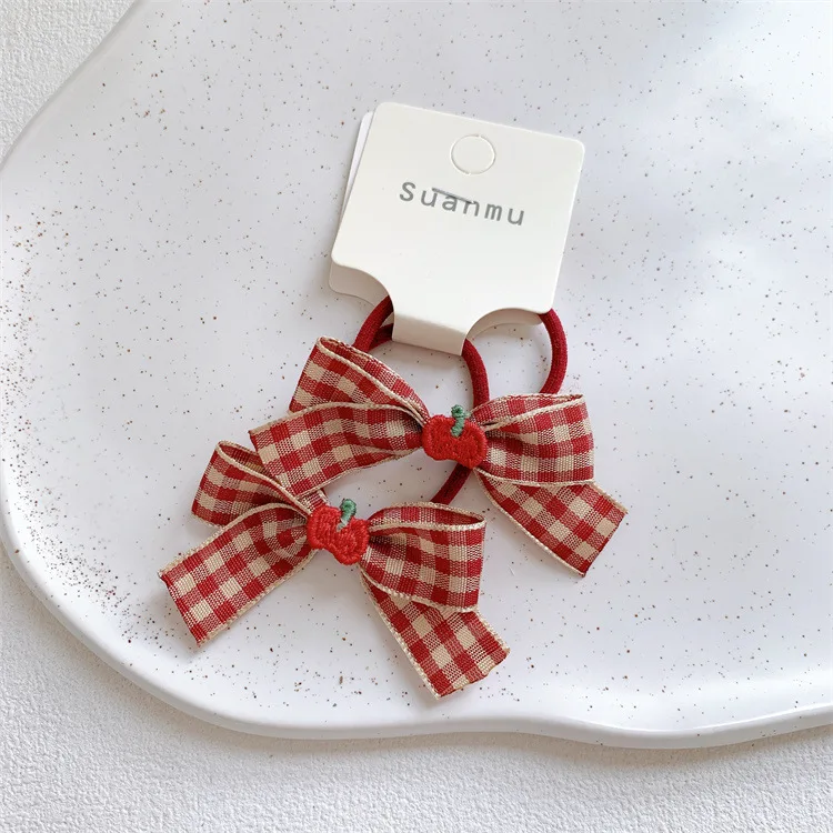 

Аксессуары для волос для девочек, 2 шт., красные клетчатые заколки с бантом, вишневые BB-зажимы для боковой челки