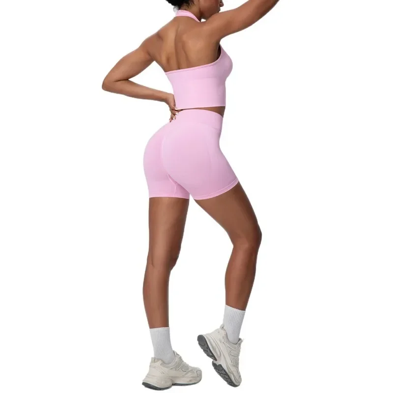 

Женский бесшовный комплект для йоги, дышащий спортивный комплект с подвеской на спине и шее, спортивный костюм для бега и отдыха на открытом воздухе