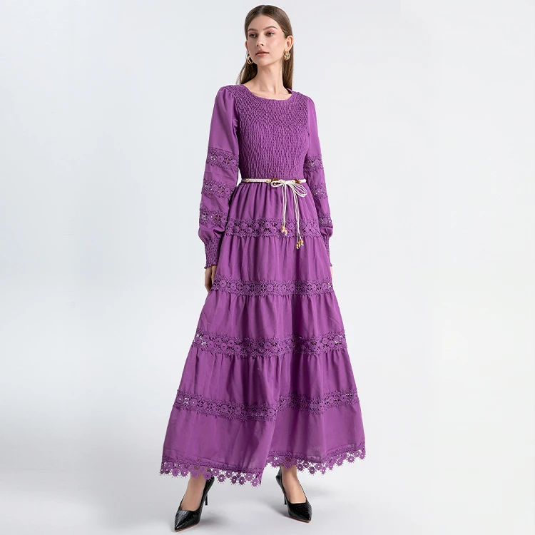 Elegant Long Maxi Dresses Women Summer 2025 Spring Full Sleeve Embroidery Lace Stretchy Top Hollow Out Evening Party Vestidos