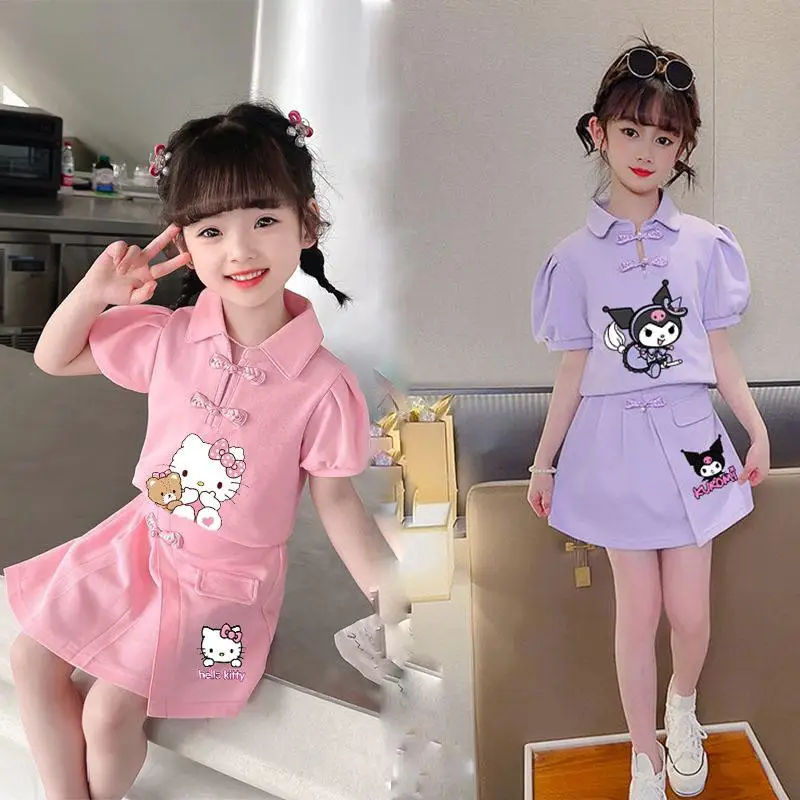 Jupe plissée à manches courtes Anime Sanrioed pour filles, tenue mignonne, jupe JK, vêtements pour enfants, mode, 2 pièces