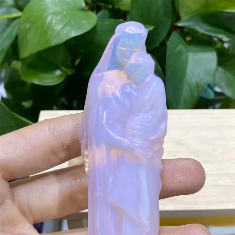 10CM Natural Pink Opalite Madonna Carving Handmade Carved Crafts Figurine Healing Ornament Room Decor 1PCS