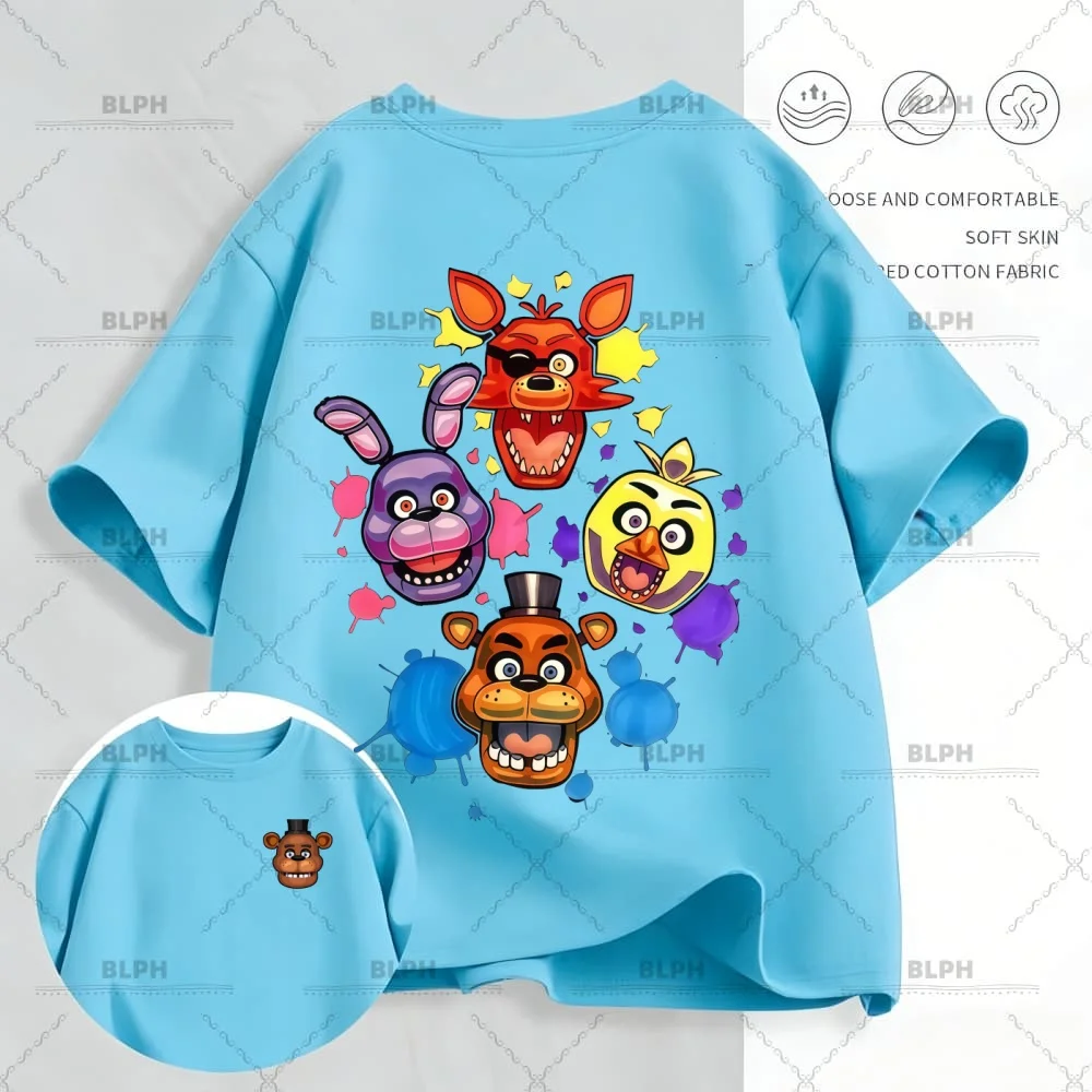 Camiseta de algodón FNAF Red Eyes Freddy Bonnie Foxy Chica para niños y niñas, estampado de terror, manga corta, suave, transpirable, informal, cuello redondo