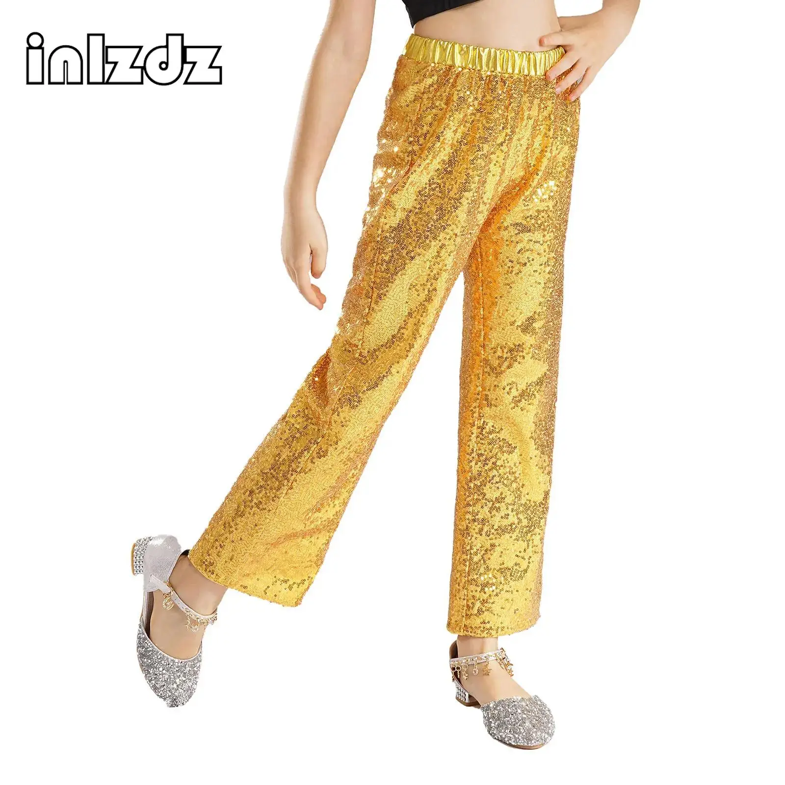 

Kids Girls Sparkling Sequin Jazz Dance Pants High Waist Elastic Waistband Loose Trousers for Party Stage Performance School Show