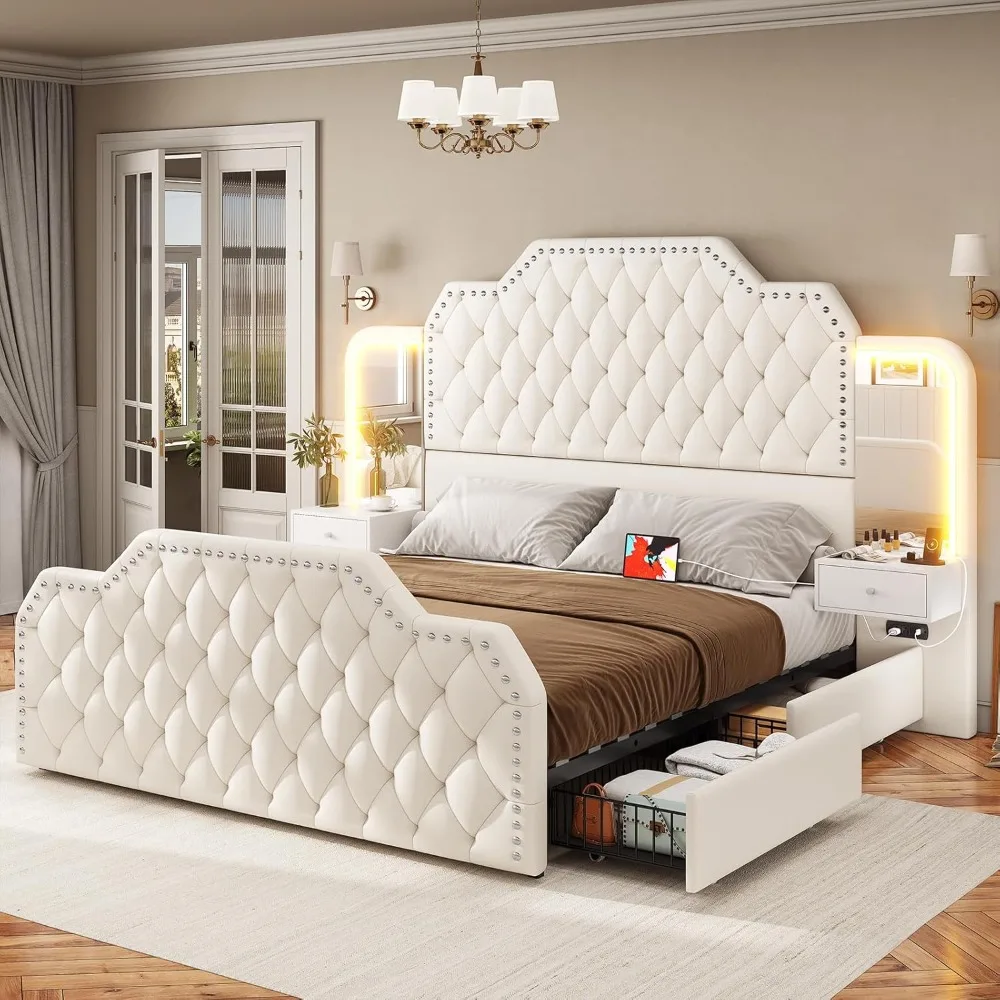 PU Couro Estofados Plataforma Cama Frame, Built-in Estação de Carregamento, 4 gavetas, Queen Bed Frame, LedLM