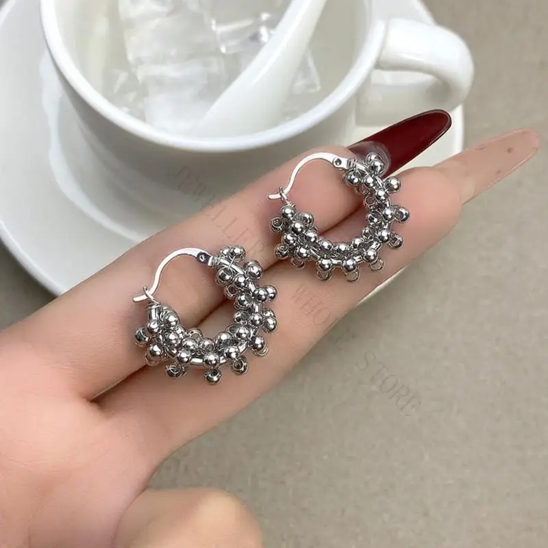 R7UF Beaded Circle Earrings Pair with Cluster Bead Design, Hinged 4cm/1.57inch Earrings for Daily Wear Looks