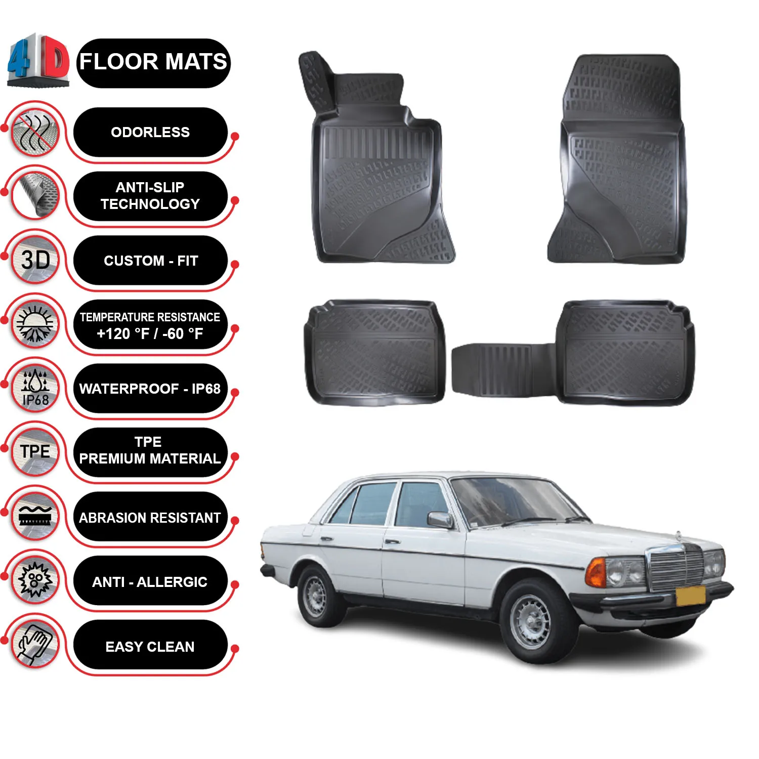 Mercedes E Class W123 - (1976-1986) Floor Mats Liner Waterproof 3D - (Black)