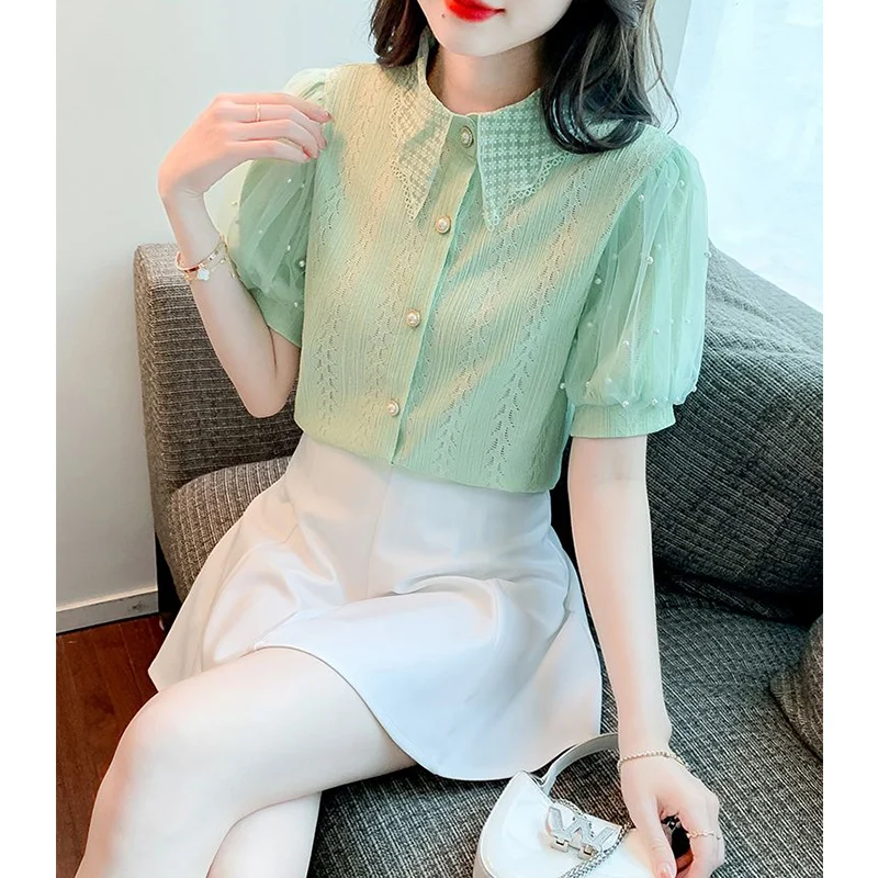 Summer Polo-neck Hollow Out Beading White Mesh Blouse Women Puff Short Sleeve Buttons Top Women Cardigan Shirt Women\'s Clothing