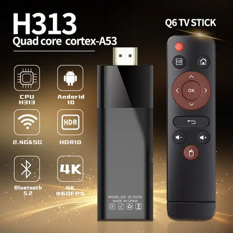 Q6 미니 TV 스틱, 안드로이드 10.0, 4K 울트라 HD 스트리밍 장치 지지대 2.4G, 5G 와이파이, 2GB RAM, 16GB ROM, H313 CPU 장착 Best5