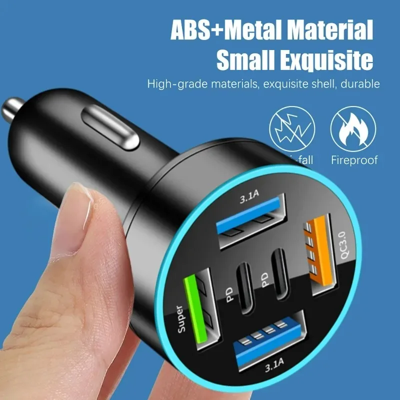 New Digital Display Car Charger Super 66W Fast Charging with 4USB+2PD Car Mobile Phone Adapter PD Mobile Phone Charging Head