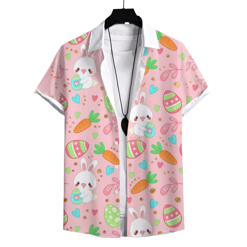 

Easter Rabbit Egg Graphic Kids Clothes Boy's Shirt Summer Short Sleeve Button-Down Children's Blouse Cartoon Casual Girl Tops