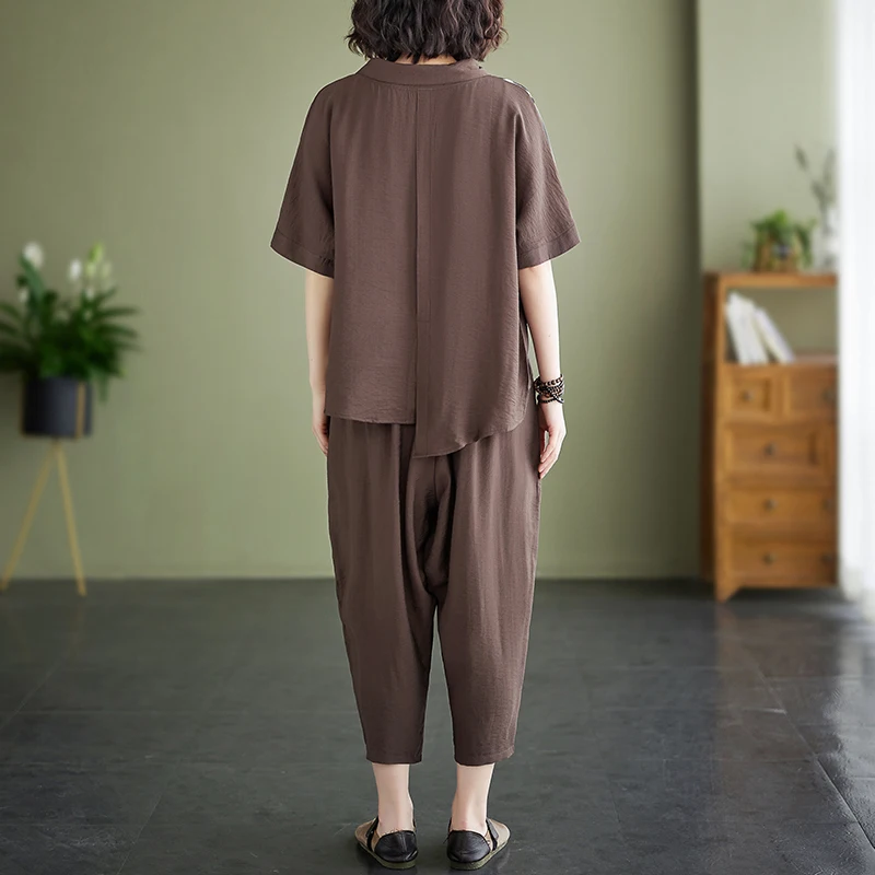 Lässige Baumwoll-Leinen-Hose mit weitem Bein, Sommer-Outfit für Damen, zweiteiliges Set, lockere Passform, künstlerisches SLE-Plus-Size-Top und Bot