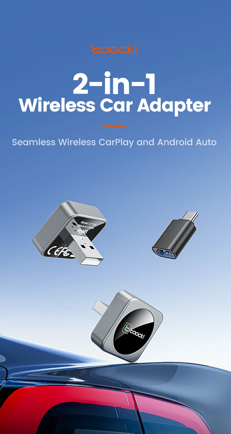 Toocki 2-in-1 Kabelloser CarPlay & Android Auto Adapter BT 5.3 WiFi 5G 2.4G Plug & Play USB-C für iPhone Android Auto mit kabelgebundenem CarPlay – Detail 1
