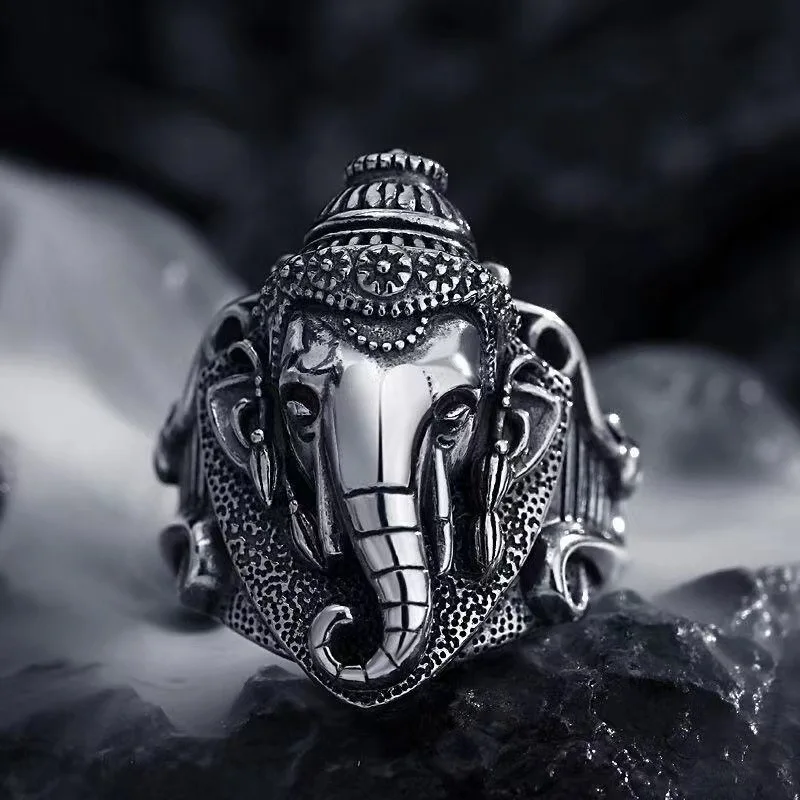 Retro Ganesha Elephant God Ring For Men Silver Color Punk Gothic Open Ring Handmade Designer Jewelry Unisex Hindu Accessories