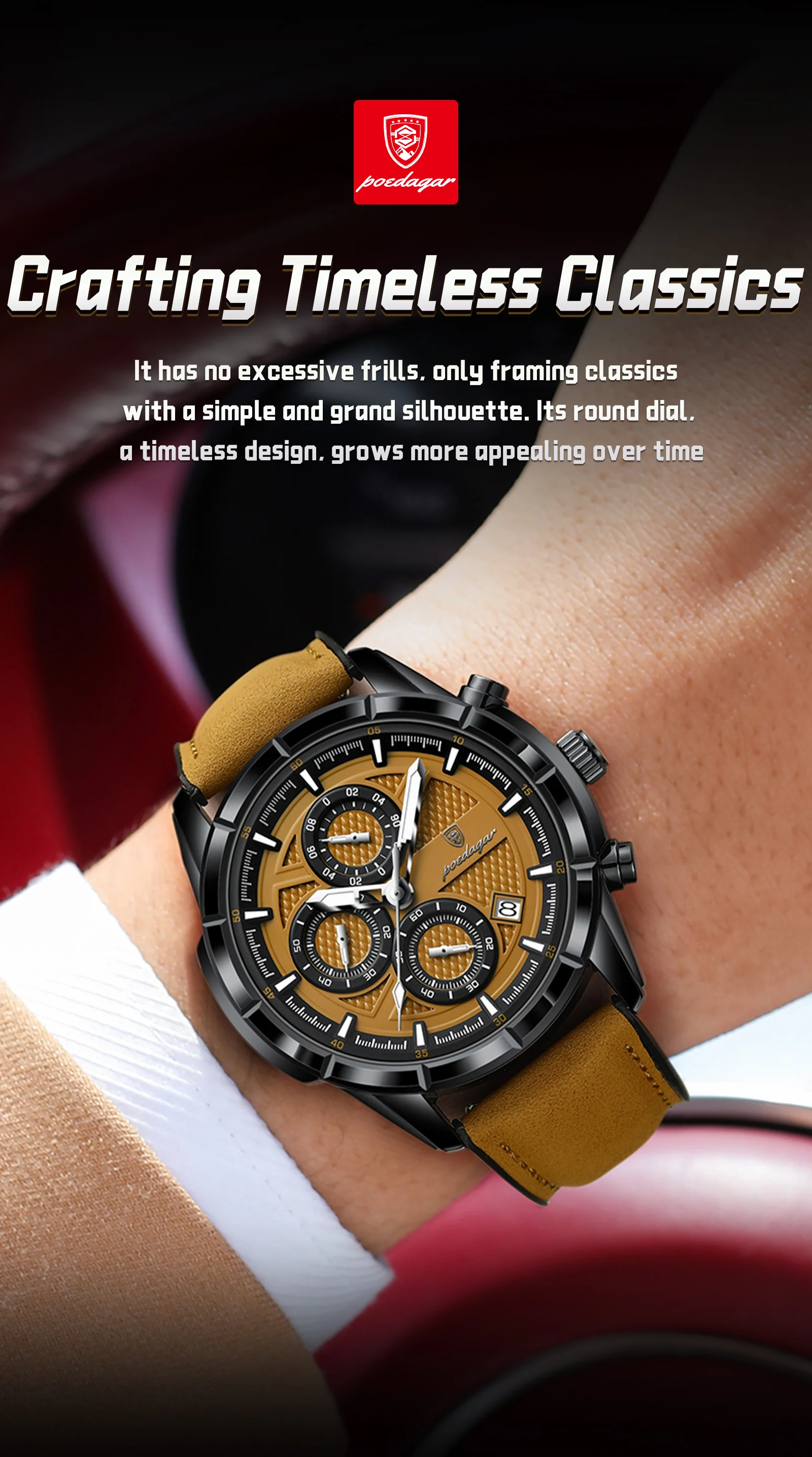 POEDAGAR Top Vintage Herren Armbanduhr Quarz Mode Leder Herrenuhren Datum Chronograph Wasserdicht Leuchtend Business Herrenuhr – Detail 4