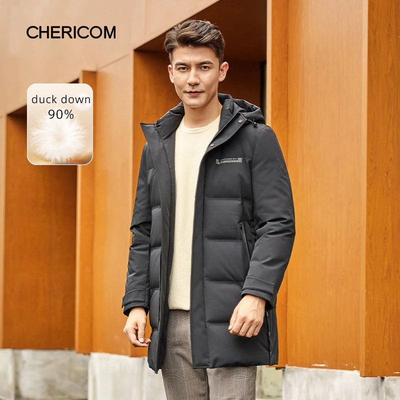 Chericom Thickened Hooded Warm Winter Men's Down Jacket Duck Down Fashion Waterproof Padded Jacket Pocket Casual Overcoat 279623