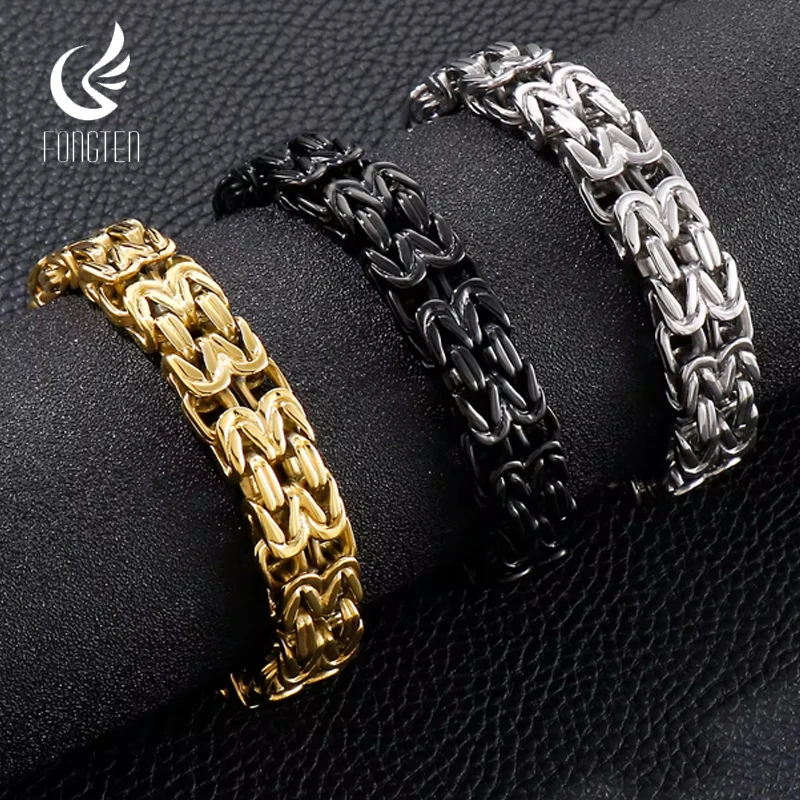 

Fongten 22cm Byzantine Bracelets for Men Wave Stainless Steel Thick Chain Wristband Male Bangle Bracelet Multiple Color Jewelry