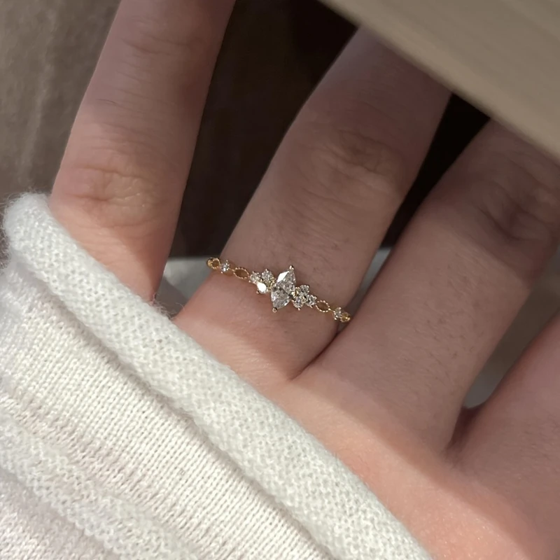 Light Luxury Gold Color Inlaid with Geometric Synthetic Zircon Adjustable Ring for Women's Daily Wear Jewelry Accessories Gifts