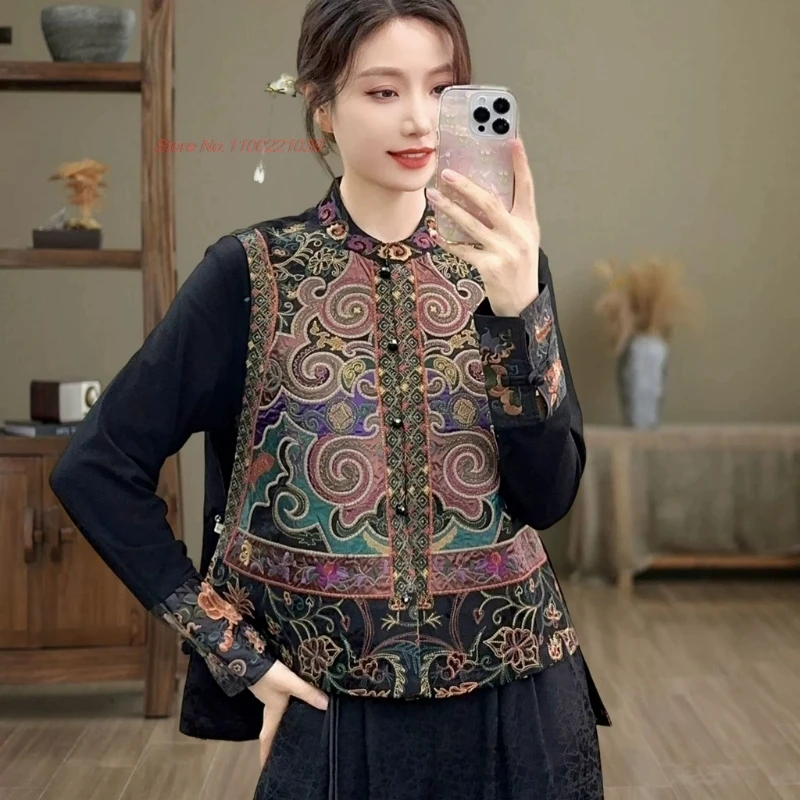 2025 chinese vintage stand collar folk vest traditional double-sided wear vest oriental flower embroidery vest sleeveless jacket