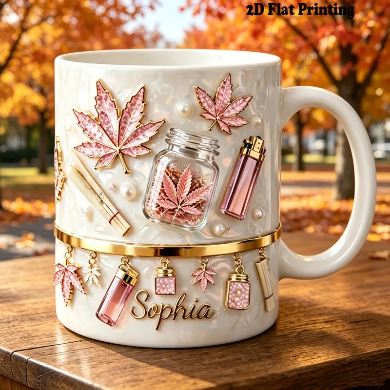 Personalized 11oz Autumn Maple Leaf Custom Mug, 2D Printed Ceramic Coffee Cup, Autumn Decoration Gift for Girls' Birthdays