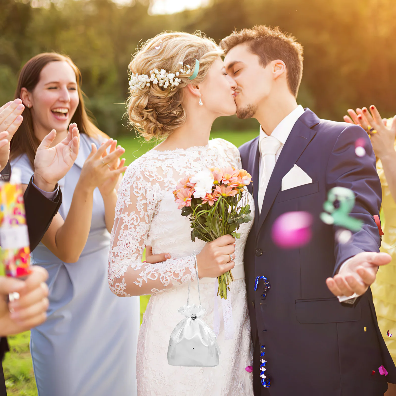 حقيبة يد الزفاف الساتان الأبيض زهرة اللؤلؤ الديكور القوس الشريط حجر الراين وصيفه الشرف هدية زهرة التبعي #5