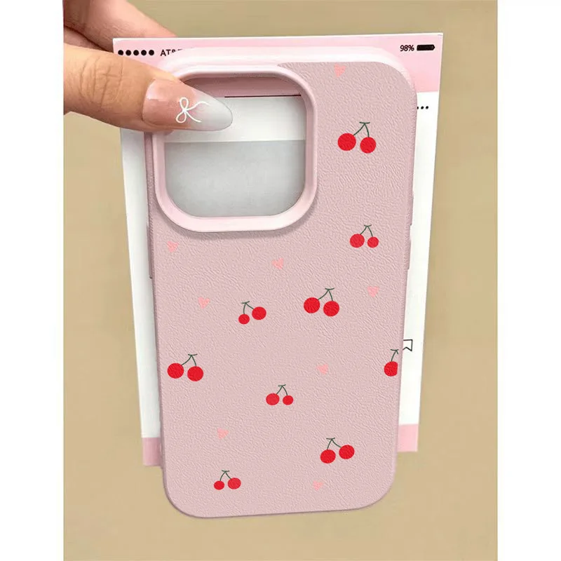 حافظة قلب لطيفة على شكل كرز أحمر متوافقة مع آيفون 11 15 12 13 16 Pro Max XS X XR Max 7 16 15 Plus غطاء ناعم من الجلد