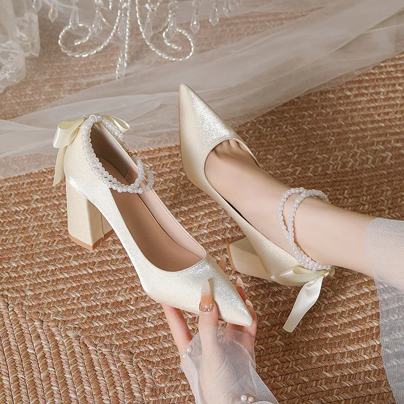 Size 30-44 Pearls Wedding Shoes Women Point Toe Satin Rice Apricot Ribbon High Heel Pumps Chunky Heels