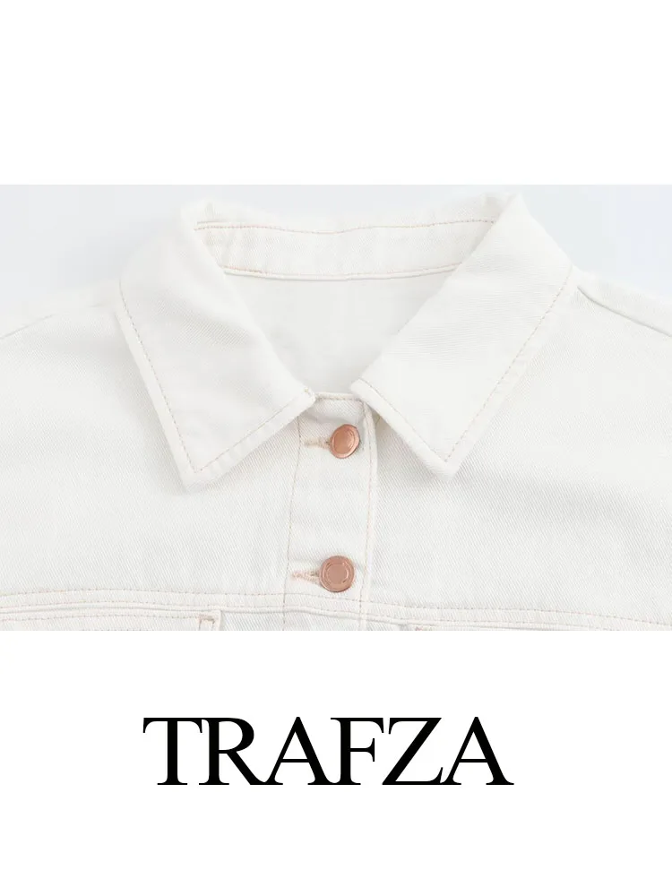 TRAFZA-abrigo vaquero de manga corta para mujer, cárdigan blanco con cuello vuelto y bolsillos salvajes, de una sola botonadura, a la moda, 2024