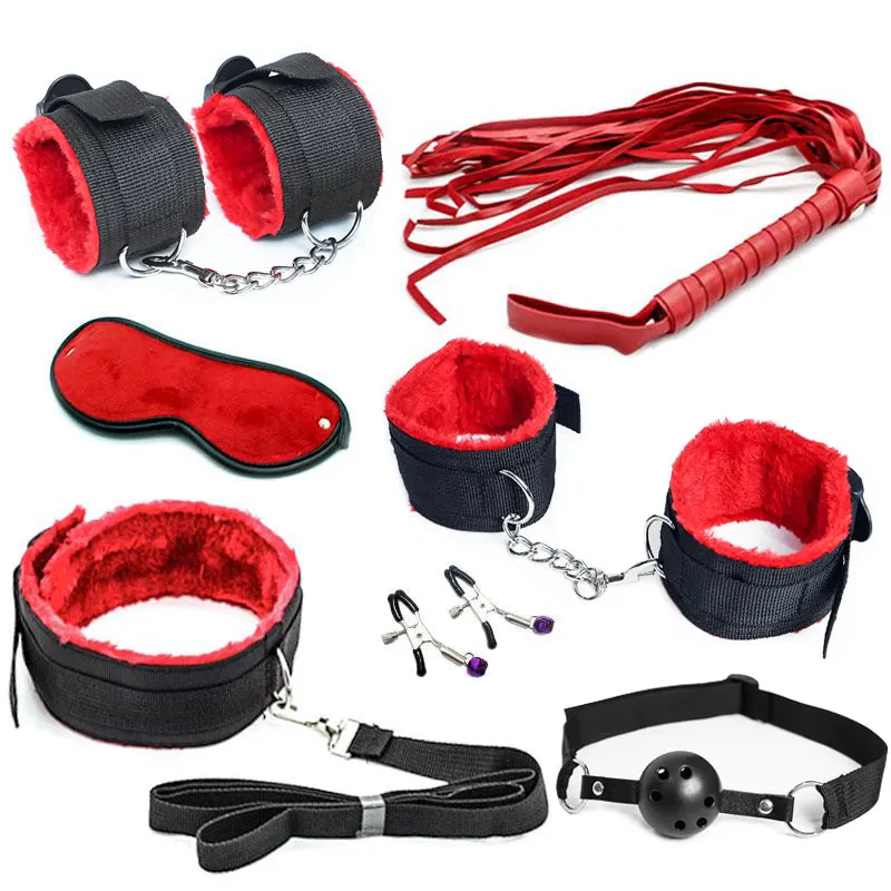 7 pcs/set Sex BDSM Bondage Restraint Kit Handcuffs Collar Gag Mask Whip Adult Sex Toys for Couple