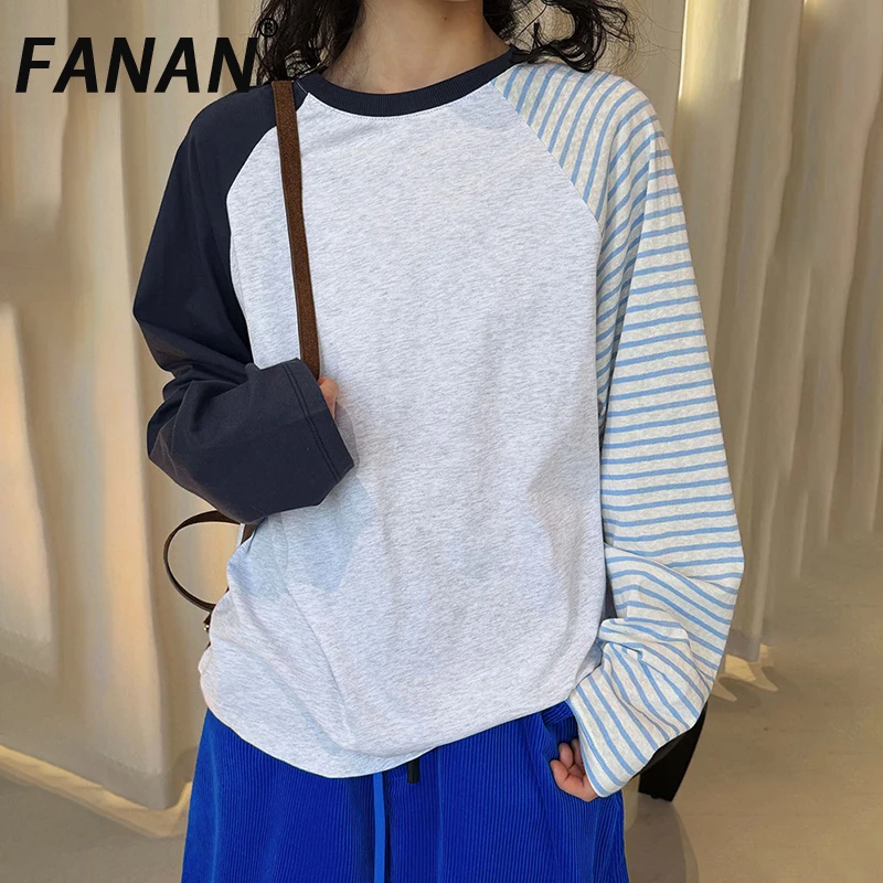 

FANAN модная женская футболка контрастного цвета с круглым вырезом и длинными рукавами, облегающие топы, женская одежда, новинка зимы 2023 года