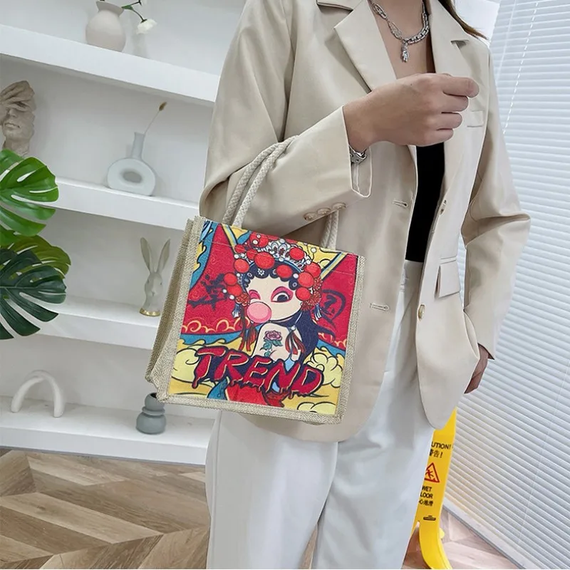 Fashion Women Imitation Linen Zipper Handbag Cute Canvas Lunch Bag Trend Shoulder Bag Student Casual Totes Eco Shopping Bag