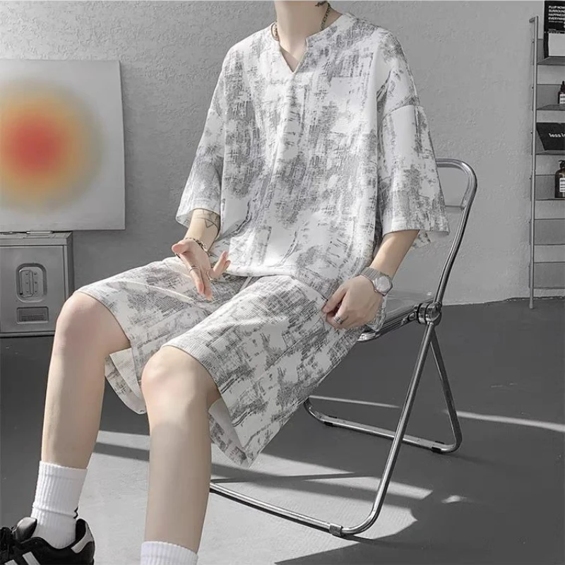 

Mens Tie Dye Workout Sets Short Sleeve V Neck T Shirt and Shorts Two Piece Trendy Summer
