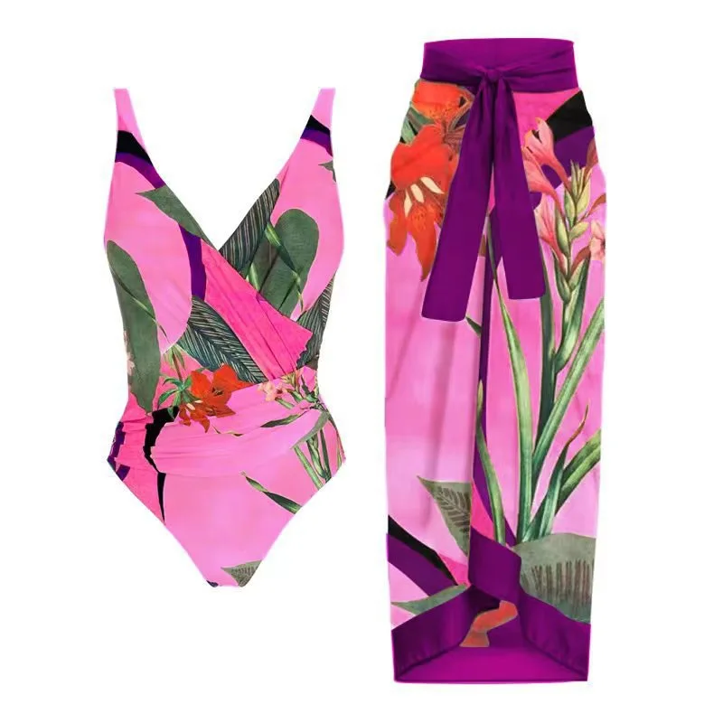 2026 New Two Piece Swimwear Women's Printed Bathing Bikini Suit Strap Beach Dress Swimsuit Summer Chiffon Long Skirt