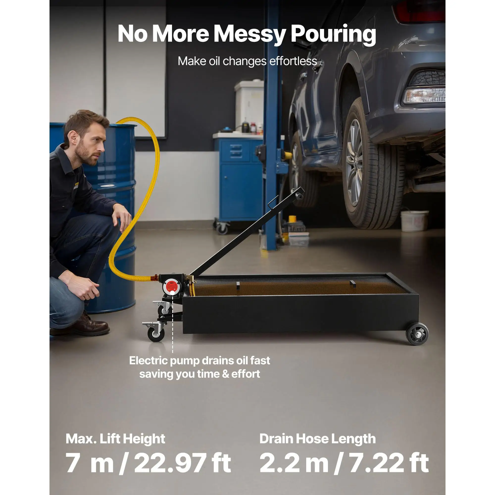 Low Profile Oil Drain Pan, 20 Gallon Capacity, Rolling Oil Drain Pan with Electric Pump & 7.2 ft Hose, Leak-proof & Corrosion-resistant, Fit for cars , SUVs, Trucks, Motorcycles, ATVs, Metal