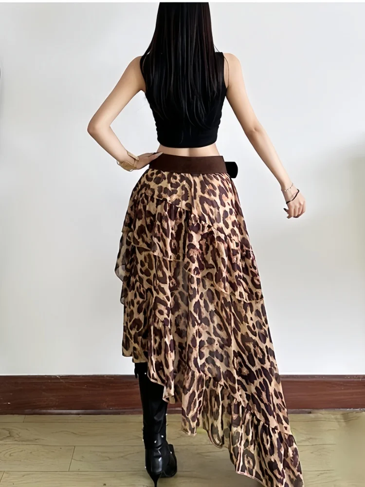 2026 New Summer Women's Streetwear Leopard Print High Waist Ruffle Layered Midi Skirt Loose Flowy Chiffon Skirt for Women