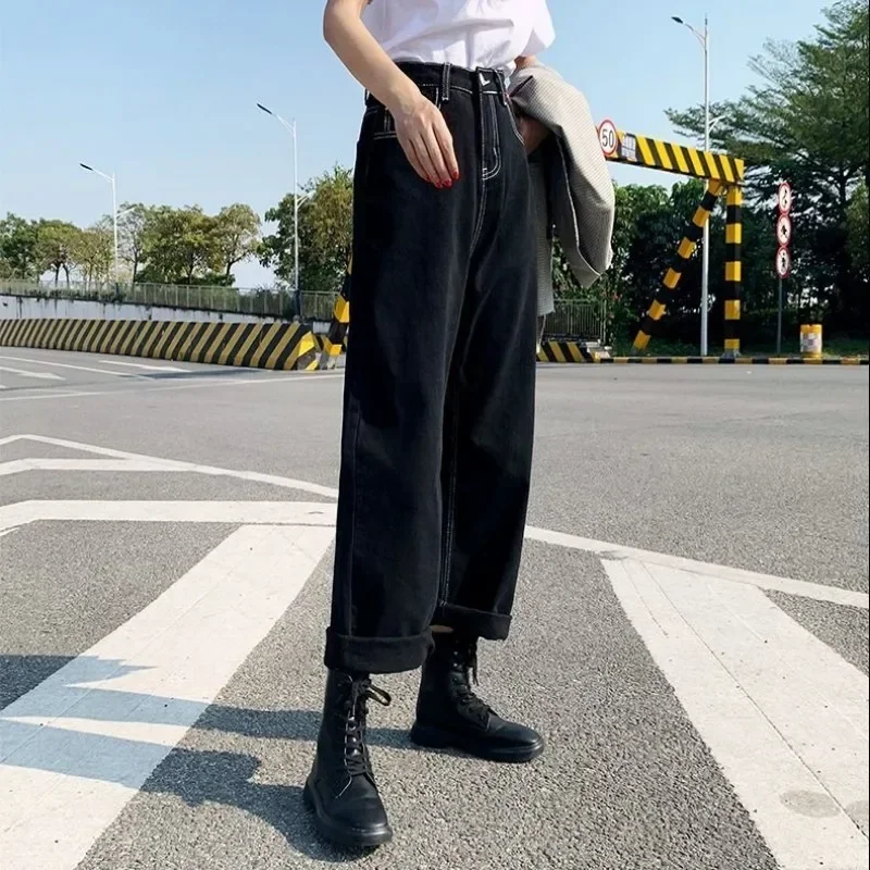 Black Jeans Women Streetwear Straight High Waist Fashion Full Length Korean Style Autumn Denim Bright Line Decoration Vintage