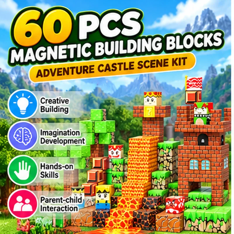 Kids Magnetic Cubes Building Blocks 60Pcs Adventure Castle Scene Kit, Lava & Tree Block Design,Learning Stacking Toy for Boys