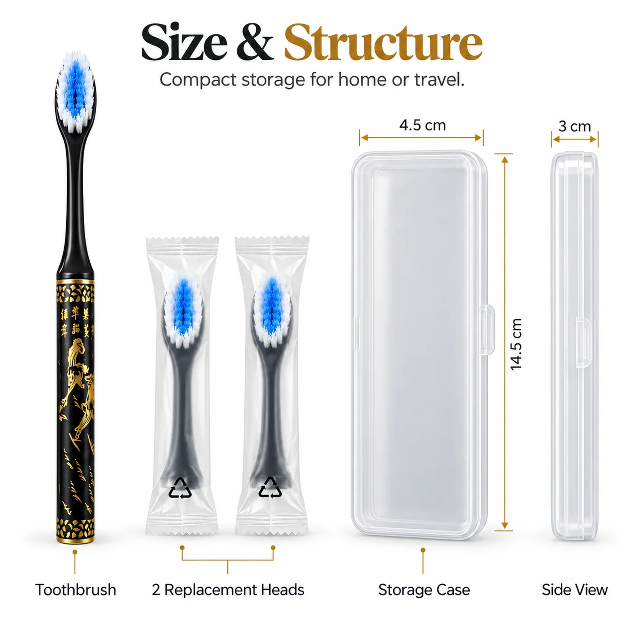 Portable Travel Toothbrush Set with Storage Case, Includes 1 Toothbrush Handle & 2 Replaceable Brush Heads, Ideal for Adults for Business Trips, Dormitory and Daily Use