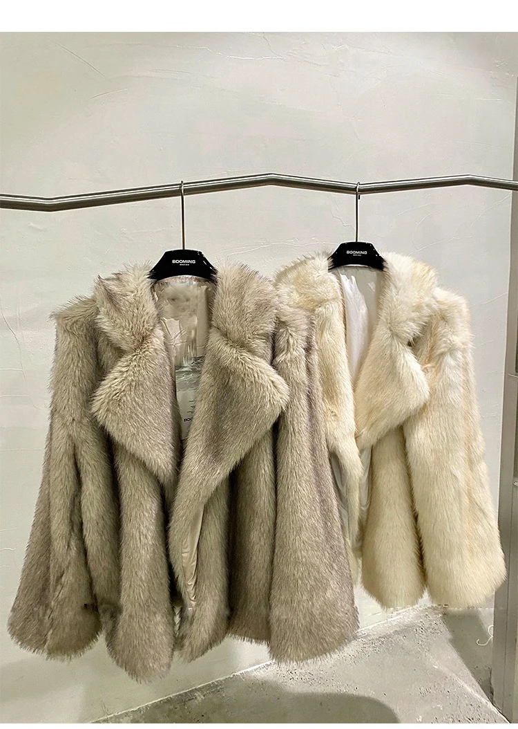 HIGH QUALITY Winter Large Lapel Fur Coat Long sleeve Warm Shaggy Faux Fur Jacket Loose Coat Contrast color Tips