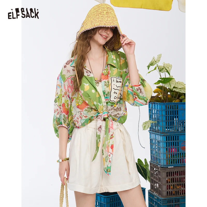 

ELFSACK Women's Cropped Long Sleeve Blouse with Patchwork Fruit Landscape Print, Tie Hem Button Down Shirt for Summer
