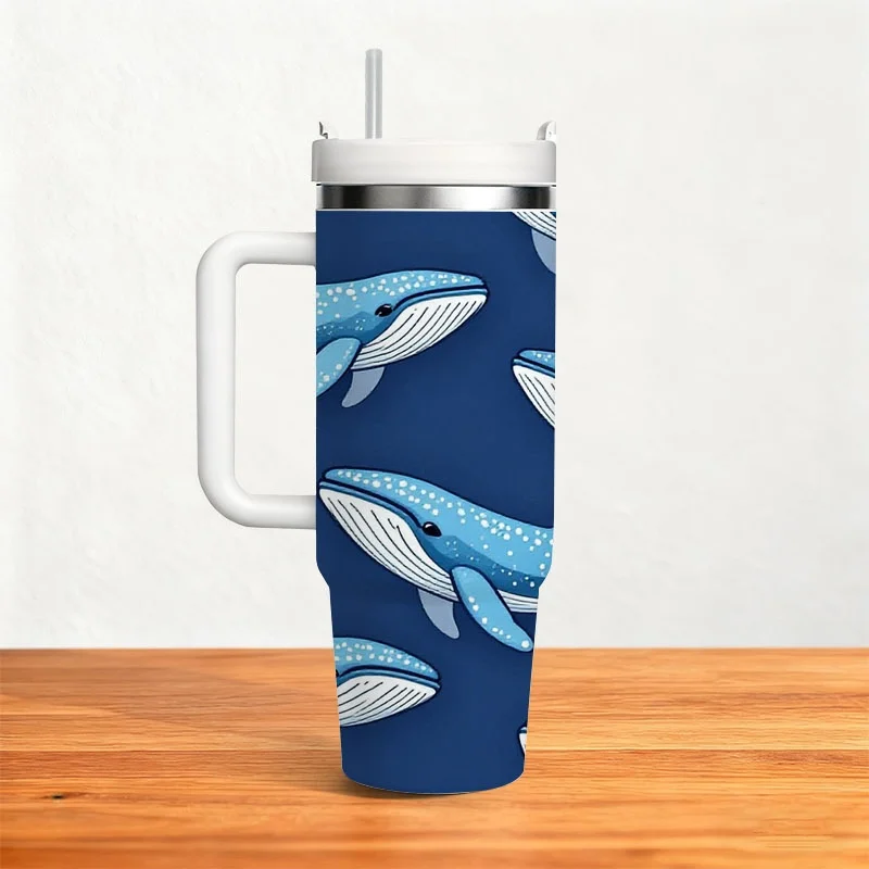 40oz Dark Navy Base Cartoon Blue White Spotted Whale Print Insulated Stainless Steel Travel Tumbler With White Handle Straw Lid Large Thermal Cup
