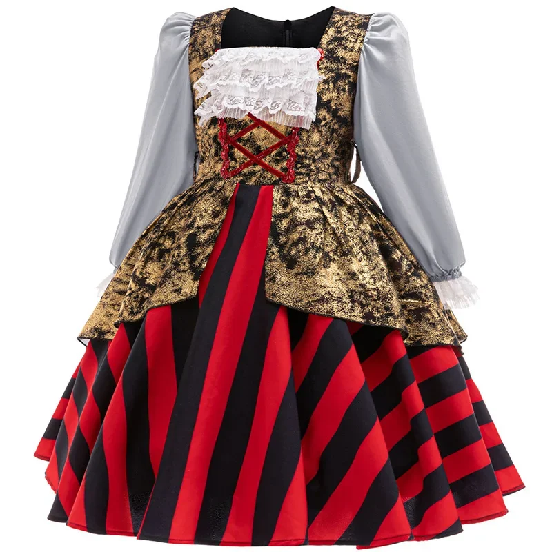 Piraten-Halloween-Kostüm für Mädchen, langes Kleid mit Puffärmeln, Schal mit Totenkopf-Aufdruck, roter Streifenrock für Kinder, Karneval, Party, Cosplay-Outfit – Detail 3