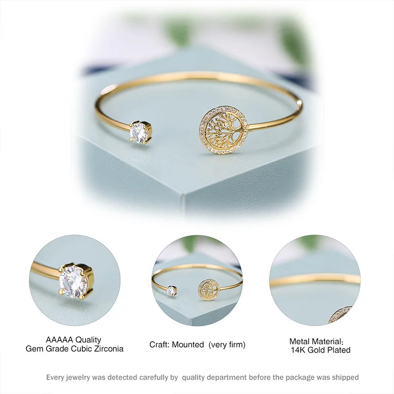 유럽과 미국 스타일 심플한 섬세함 내장 지르콘 생명의 나무 뱅글, 여성용 우아한 오픈 마우스 팔찌, 패티 쥬얼리