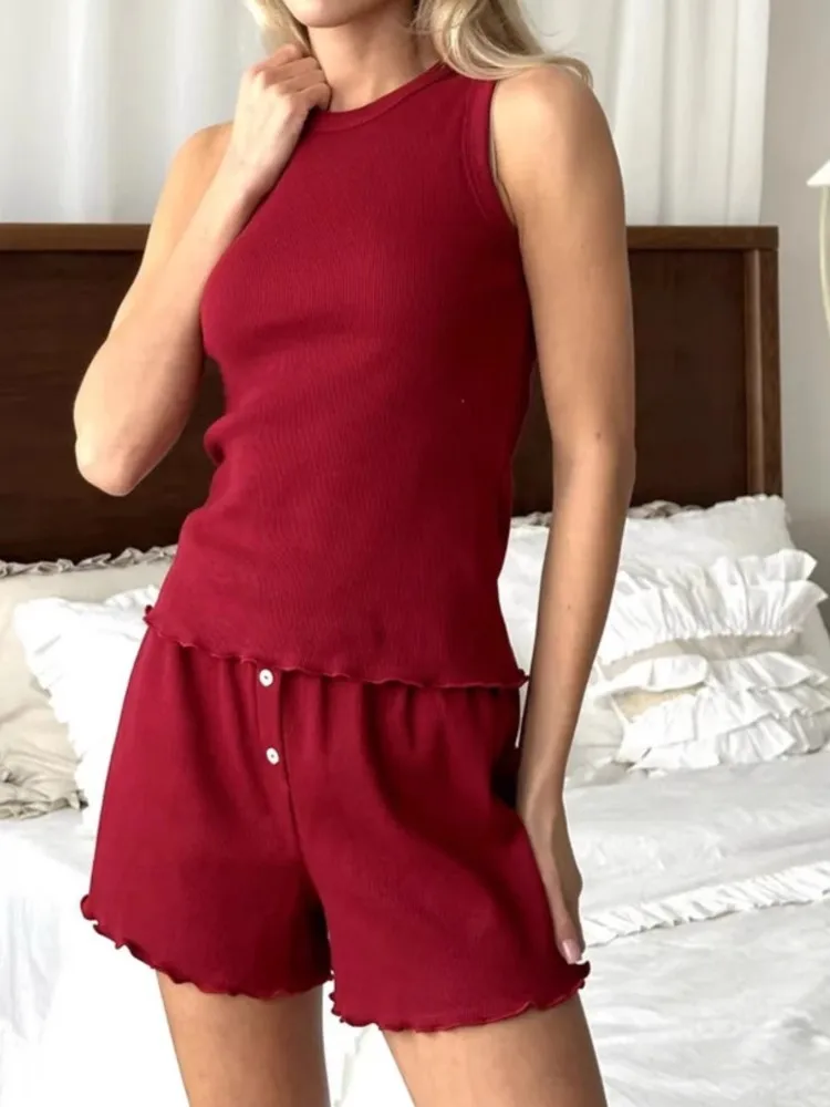 

New Women's Comfortable Casual Suit Spring And Summer Fashion Casual Sleeveless Round-neck Vest Top Button Shorts Two-piece Sets