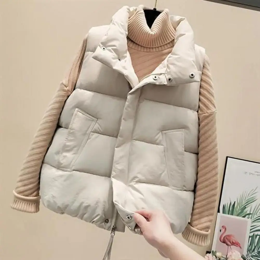 Solid Color Vest Coat Women's Winter Padded Vest with Zipper Closure Turn-down Collar for Outdoor Activities Windproof Heat