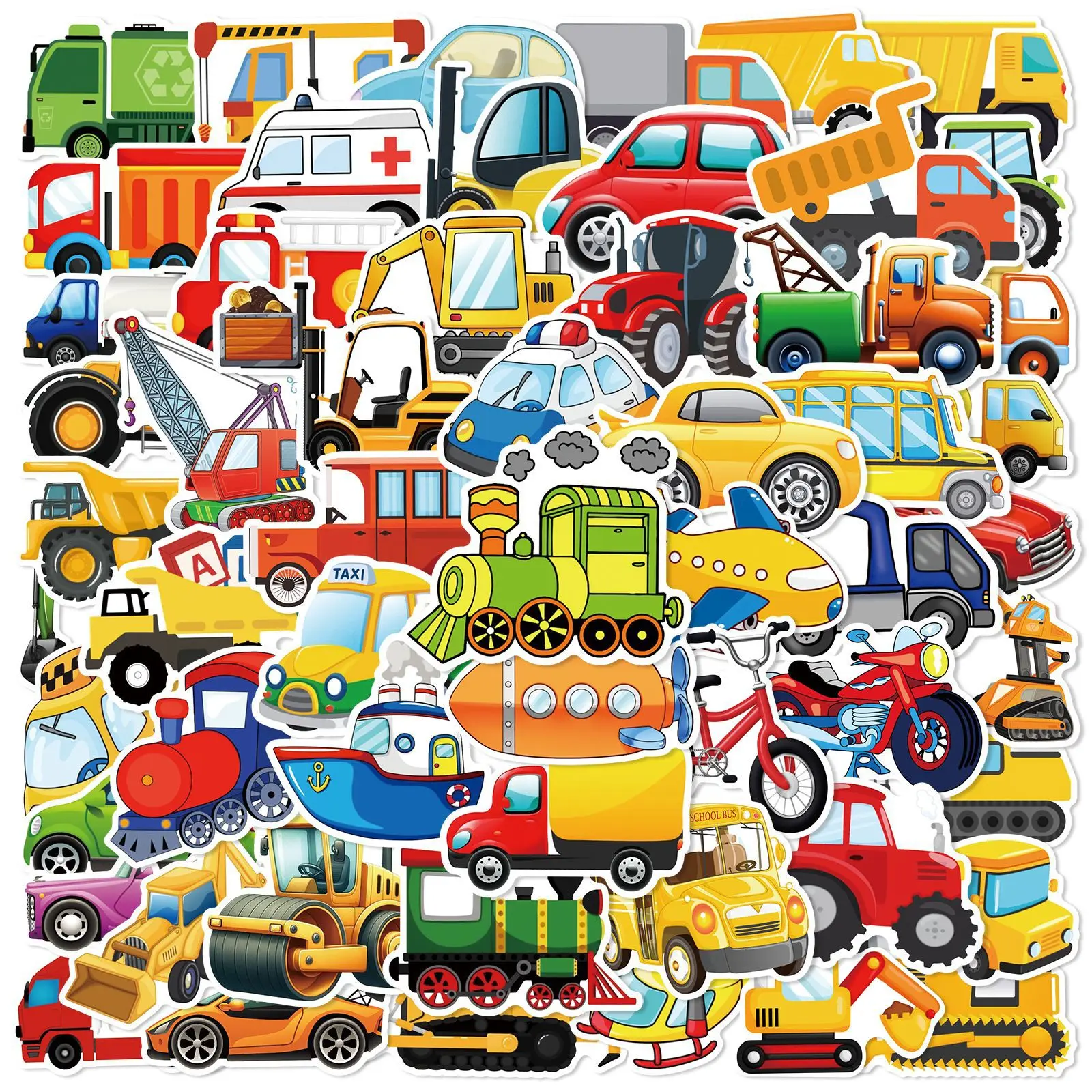 60 Pcs Cartoon Engineering Vehicle Transportation Sticker Helmet Decoration Waterproof Sticker